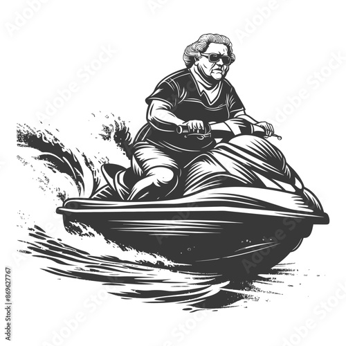 Granny's Gone Wild: Bold Senior on Jet Ski Adventure, Line Art.