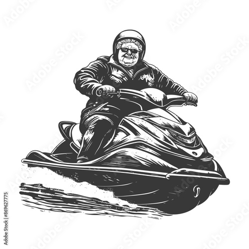 Granny's Gone Wild: Engraved Illustration of Older Woman on Jet Ski, Helmet and Goggles.