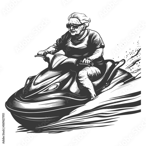 Ink Drawing: Grandma Jet Skiing, Retro Cool with Speed and Water Splashes.