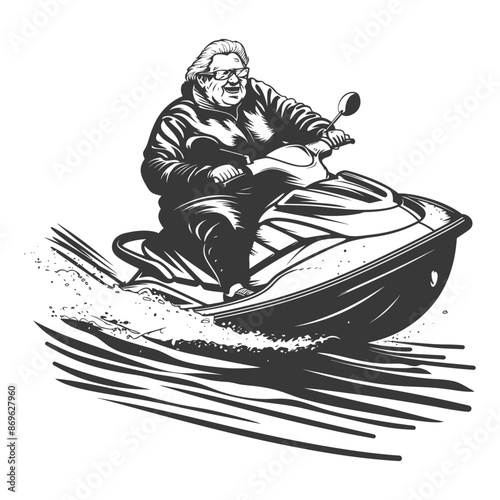 Cartoon Grandma's Wild Jet Ski Ride: Vector Illustration