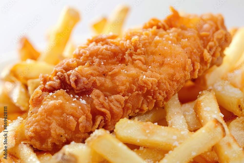 Golden Chicken Finger and French Fries in Mid-Air, Crispy Craving Golden Chicken Finger and French Fries in Mid-Air, Crispy Craving
