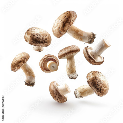 Champignon mushrooms floating or flying, isolated on a white background