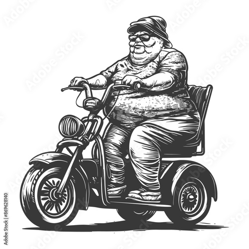 Engraving of heavyset woman riding a three-wheel motorcycle.