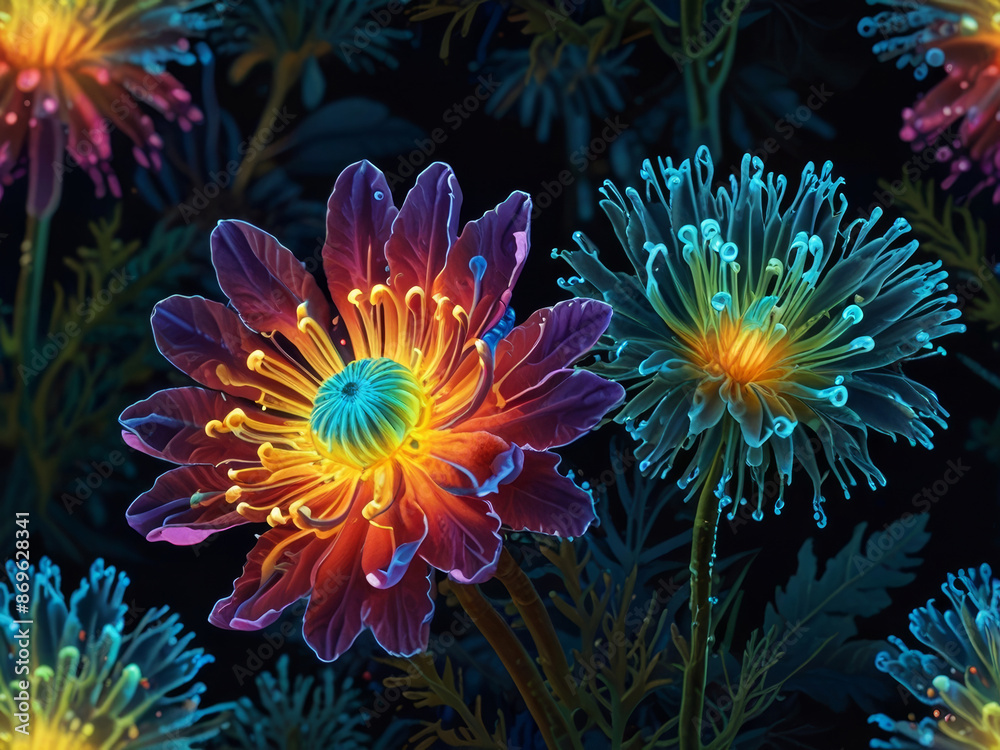 bioluminescent flower, hyperdetailed, magic light, neon watercolor bioluminescent flower, hyperdetailed, magic light, neon watercolor