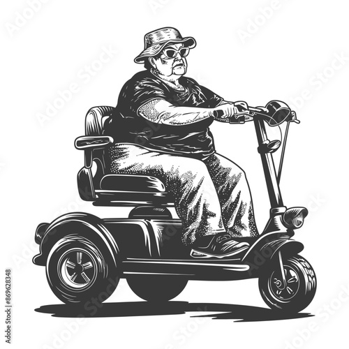 Etched Elderly Woman in Hat Driving Mobility Scooter, Monochromatic Illustration.