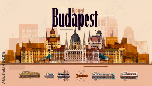 Travel Destination retro style poster featuring the city of Budapest.