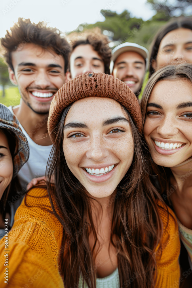 Diverse Friends Taking Selfie in Park - Happy Multiracial Group Smiling Together Outdoors on Sunny Day Diverse Friends Taking Selfie in Park - Happy Multiracial Group Smiling Together Outdoors on Sunny Day