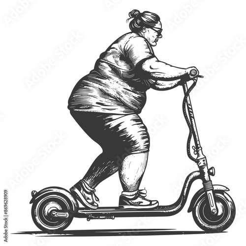 Ink Sketch: Curvy Woman Gliding on Electric Scooter, Urban Mobility.