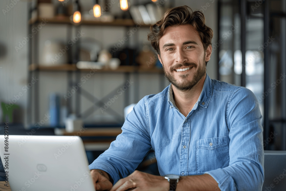 Smiling businessman in blue shirt working on laptop at modern office desk, looking confident and successful Smiling businessman in blue shirt working on laptop at modern office desk, looking confident and successful