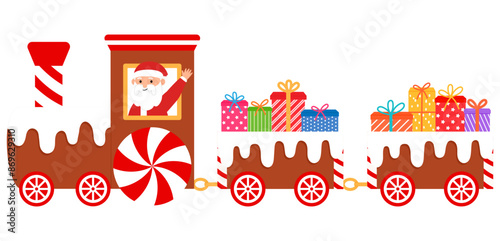 happy santa claus is on festive train,  christmas train carrying with gift box illustration