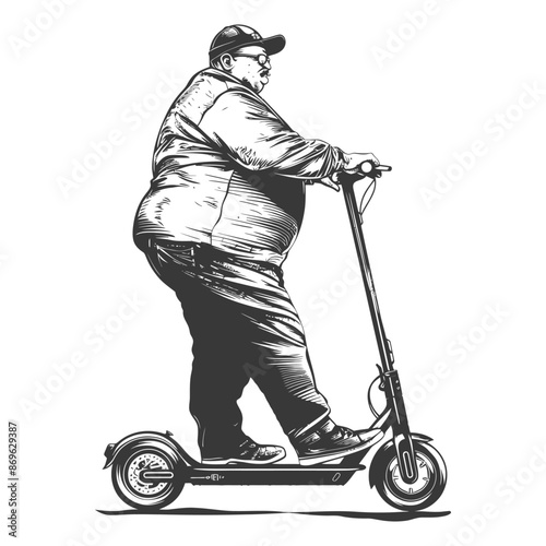 Overweight Man on Electric Scooter, Hand-Drawn Style Illustration.
