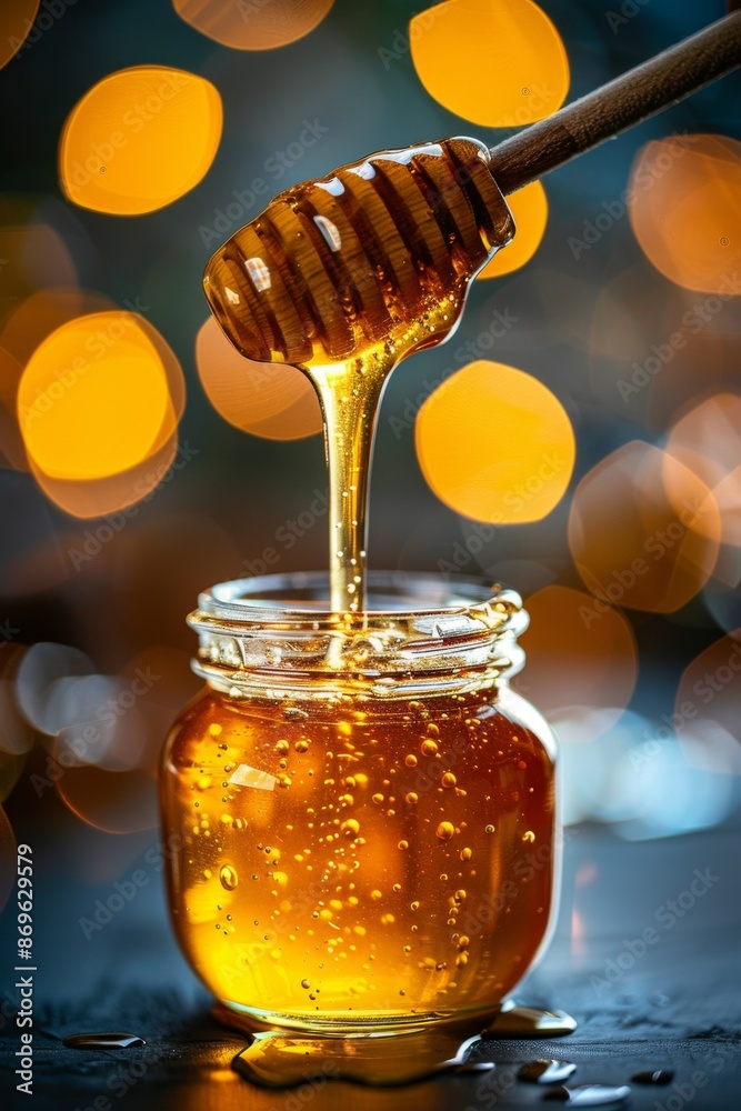 Golden Honey Drizzle: A close-up shot of golden honey being drizzled from a wooden honey dipper. Golden Honey Drizzle: A close-up shot of golden honey being drizzled from a wooden honey dipper.