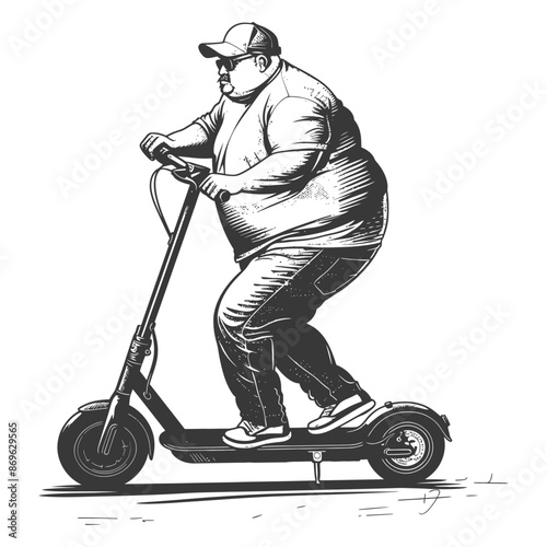 Overweight Man on Electric Scooter: Sketch Style Illustration, Casual Outfit, Side View.