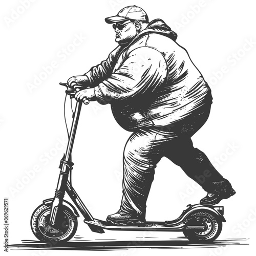Monochrome Scooter Ride: Overweight Man in Hoodie and Cap.