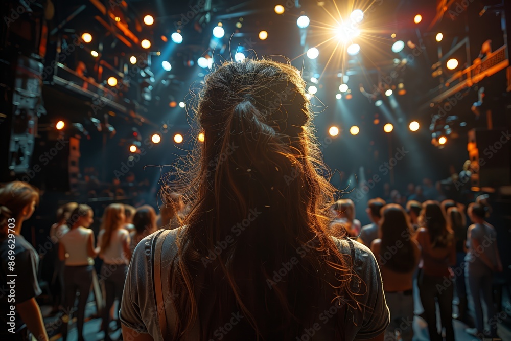 Fototapeta premium Woman With Long Hair Standing in a Crowded Concert Venue