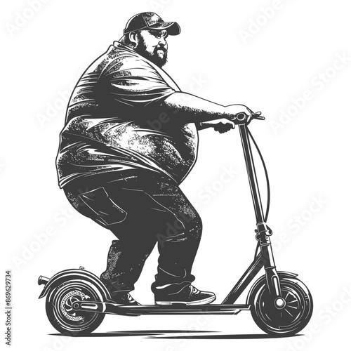 Overweight Man on Scooter, Engraving Style, Black and White.