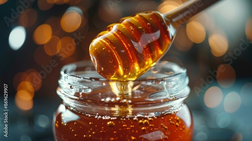 Golden Honey Drizzle: A close-up shot of golden honey being drizzled from a wooden honey dipper. 
