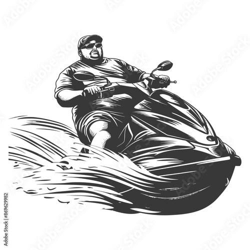 Monochrome Jet Ski Ride: Overweight Man Speeds Through Water, Ink Style.