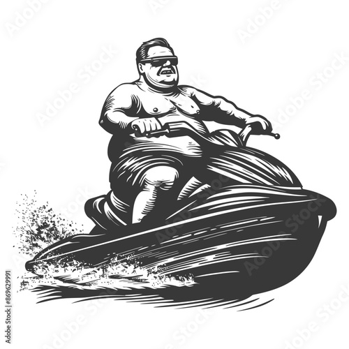 Overweight Man on Jet Ski: Vintage Engraving Style, Summer Fun.