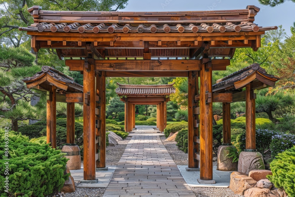 Wooden Torii gate in a Japanese garden, framed by lush greenery, traditional architectural elements, and serene landscape. Pathway leads through multiple gates, creating sense depth tranquility. Wooden Torii gate in a Japanese garden, framed by lush greenery, traditional architectural elements, and serene landscape. Pathway leads through multiple gates, creating sense depth tranquility.