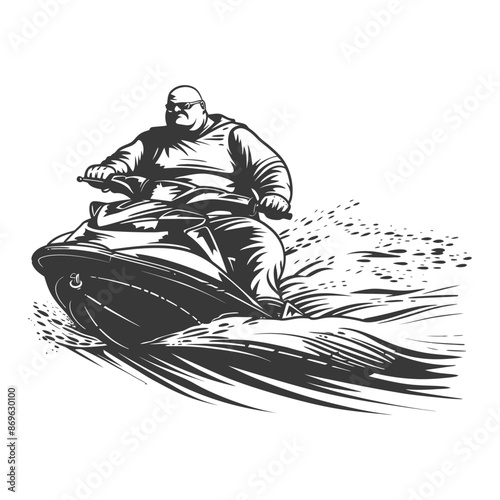 Monochrome Jet Ski Rider: Bold Man Carving Waves, Isolated Graphic.