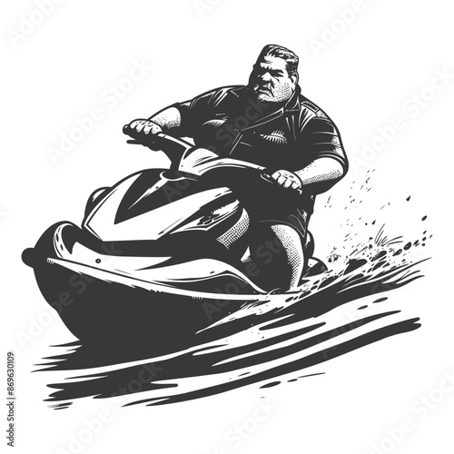 Monochrome illustration: Large man powerfully riding a jet ski through splashing water.