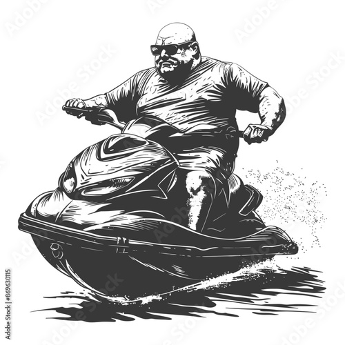 Bald Man's Ink: Vintage Illustration of a Stout Figure Joyriding on a Jet Ski.