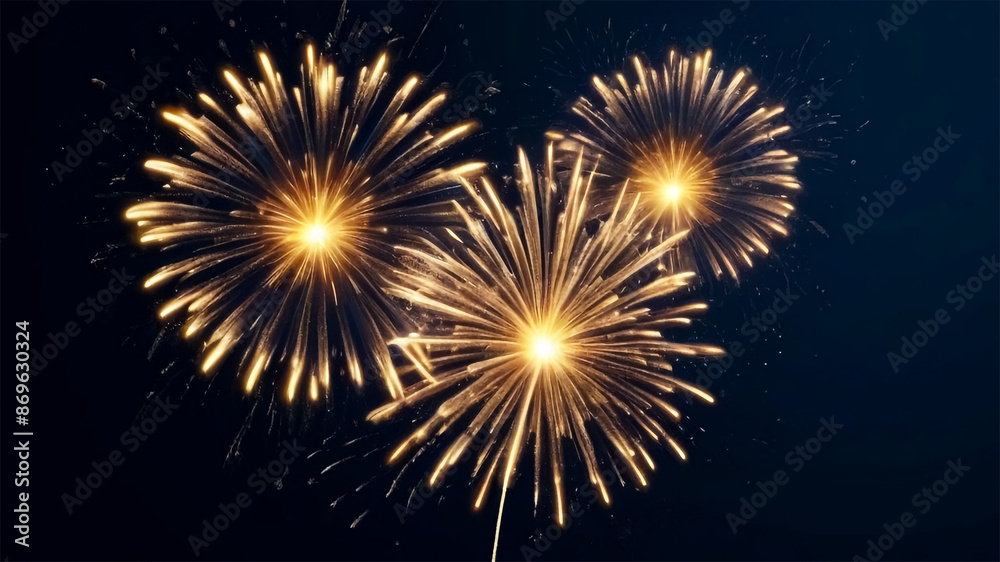Golden Firework Bursts on Midnight Blue Sky Background