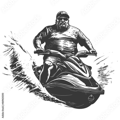 Bearded Biker on Jet Ski: Vintage Engraving Style.