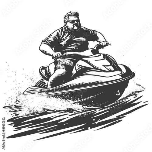 Ink Sketch: Overweight Man Riding a Jet Ski with Splash.