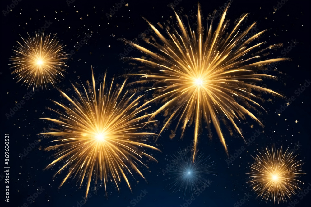 Golden Firework Bursts on Midnight Blue Sky Background Golden Firework Bursts on Midnight Blue Sky Background