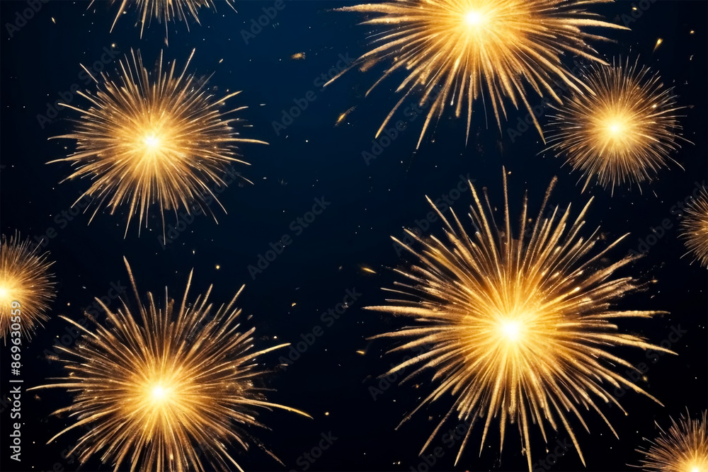 Naklejka premium Golden Firework Bursts on Midnight Blue Sky Background
