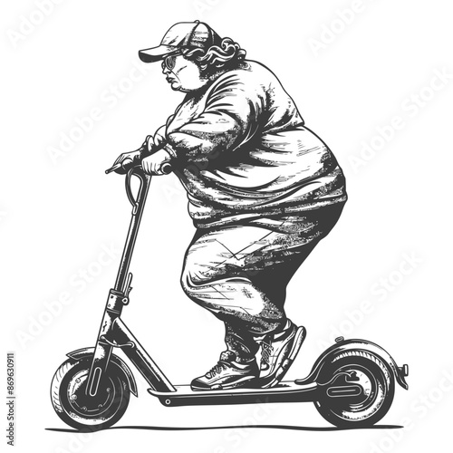 Sketch of Overweight Woman on Electric Scooter, Cap and Casual Wear.