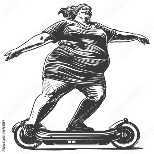 Overweight Woman Balancing on Electric Scooter, Stylized Black and White Illustration.