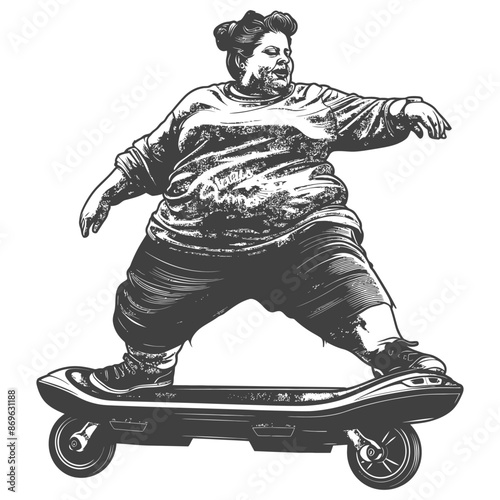 Monochrome Engraving: Overweight Woman Balancing on Electric Skateboard, Comical Pose.