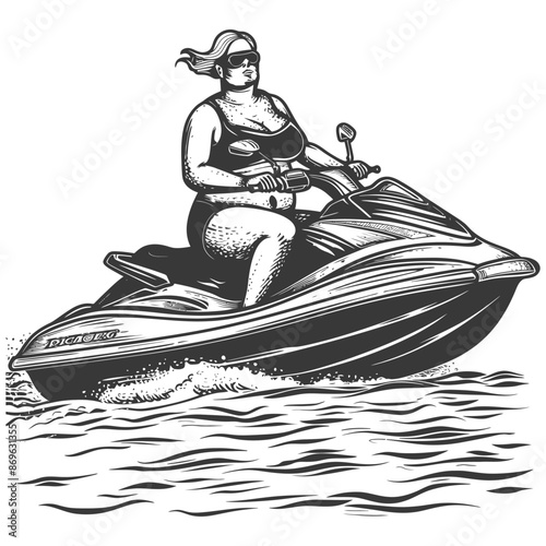 Engraved Style: Plus-Size Woman Rides Jet Ski, Water Sport Fun, Hand Drawn Illustration.