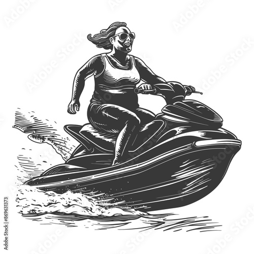 Vintage-Style Woman on Jet Ski: Engraved Water Sport Adventure.