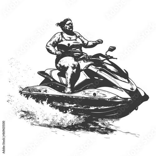 Ink Sketch: Woman Barefoot, Joyfully Riding a Jet Ski, Spraying Water.