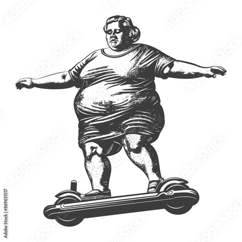 Engraved Woman on Electric Scooter: Balancing Act, Humorous Vintage Illustration