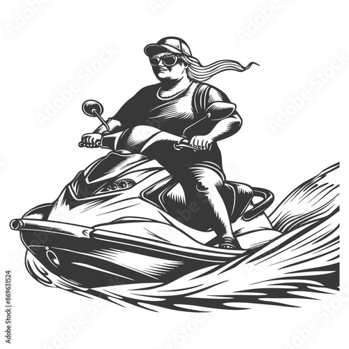 Monochrome Watersport: Woman on Jet Ski, Graphic Illustration, Action & Fun.