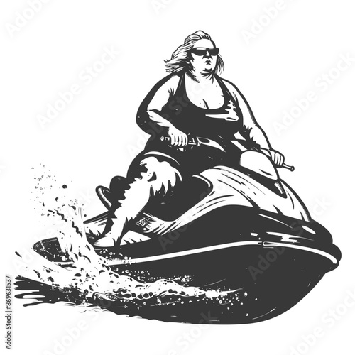 Woman in Sunglasses Rides Jet Ski, Cartoon Illustration.