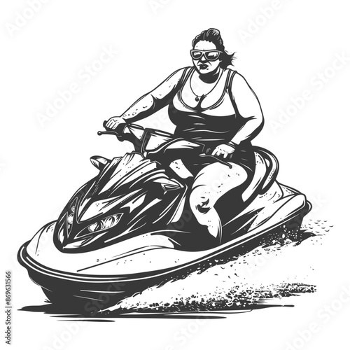 Monochrome Woman, Sunglasses, and Jet Ski Adventure Cartoon.