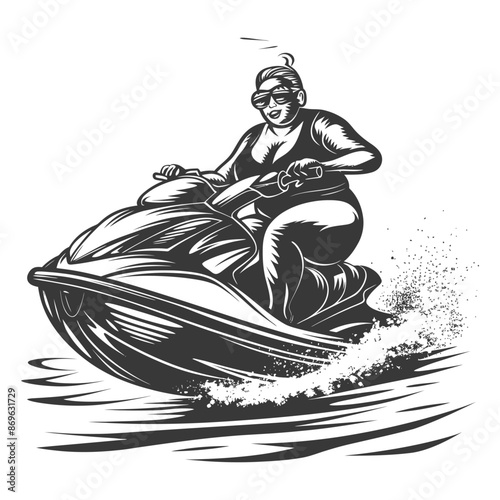 Vintage Style: Woman Riding Jet Ski, Engraved Illustration, Water Sport Adventure.