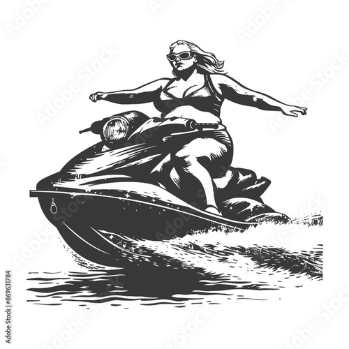 Curvaceous Woman on Jet Ski, Water Sport Freedom, Engraving Style.