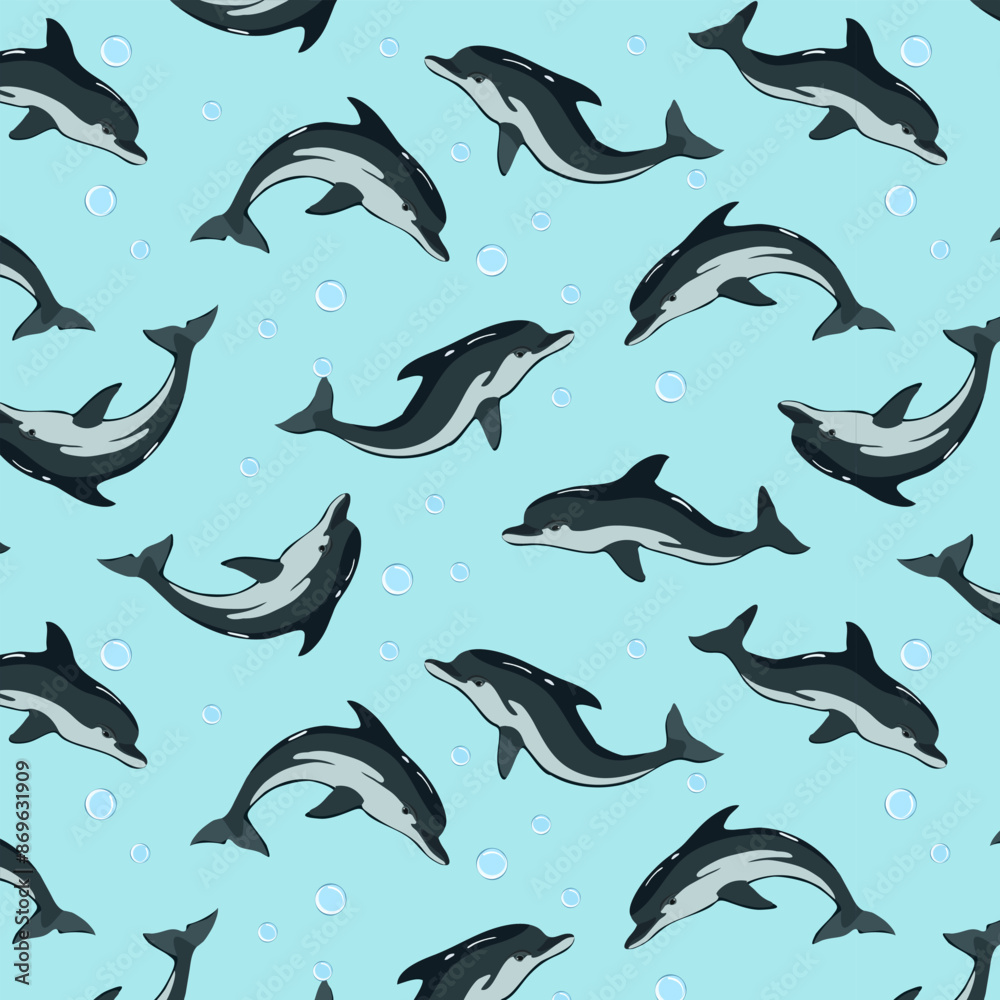 Vector pattern with dolphins.Flocks of dolphins on a colored background with bubbles in a vector pattern. Vector pattern with dolphins.Flocks of dolphins on a colored background with bubbles in a vector pattern.