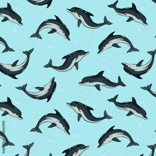 Vector pattern with dolphins.Flocks of dolphins on a colored background with bubbles in a vector pattern.