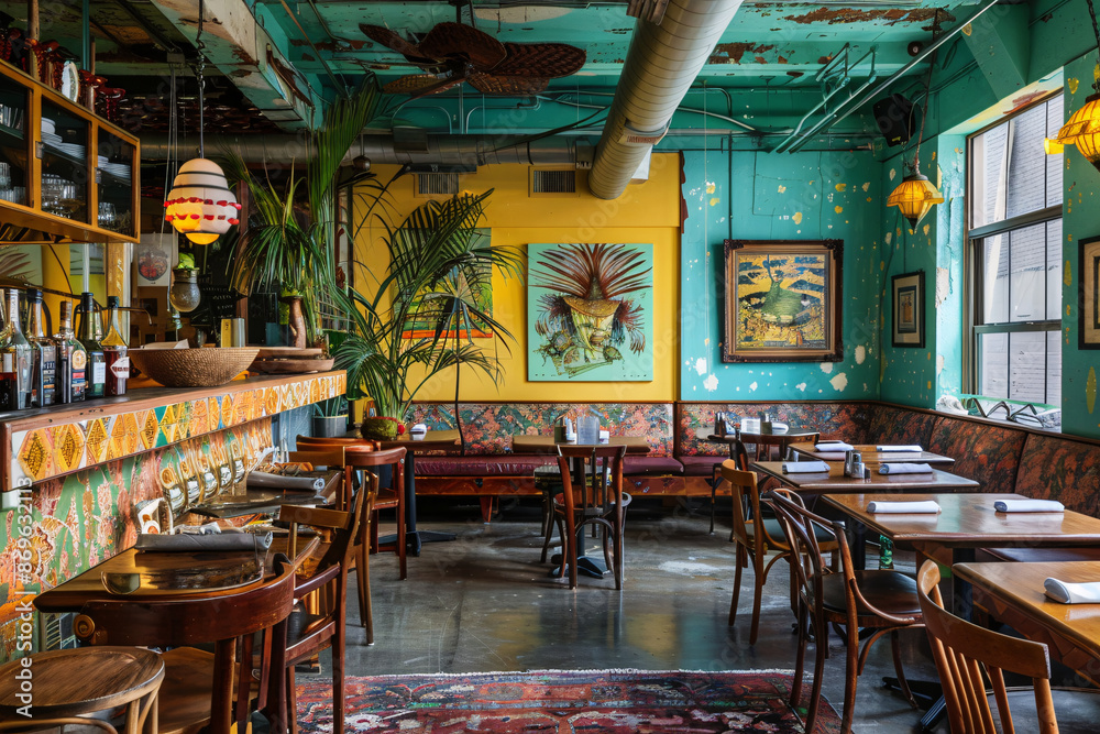 Fototapeta premium A vibrant eatery showcasing a rich, flavorful menu of diverse vegan and vegetarian cuisine, highlighting the collaboration between chefs and producers