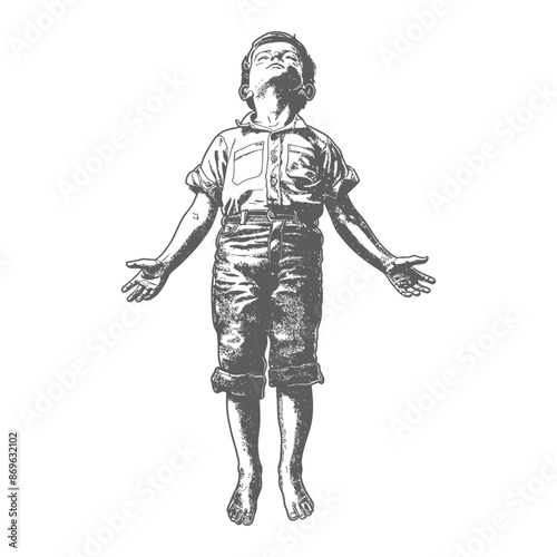 Wallpaper Mural Uplifted Boy: Etched Sketch of Child Reaching Towards Light, Vintage Style. Torontodigital.ca