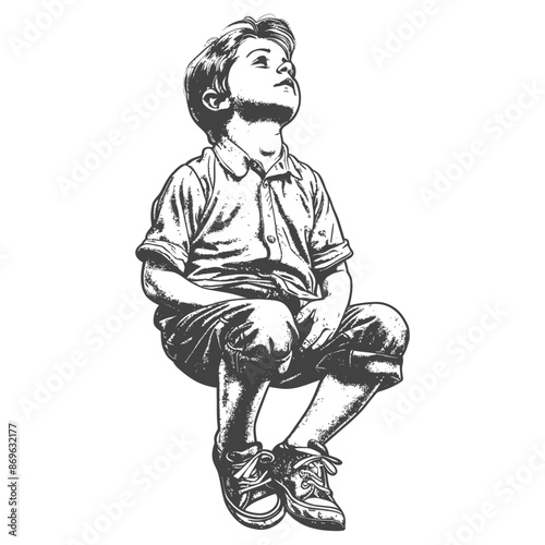 Boy in Shorts, Squatting and Looking Upward, Detailed Sketch Illustration