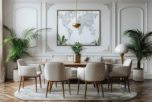 Stylish and eclectic dining room interior with mock up poster map, sharing table design chairs, gold pedant lamp and elegant sofa in second space. White walls, wooden parquet. Tropical leafs in vase. photo